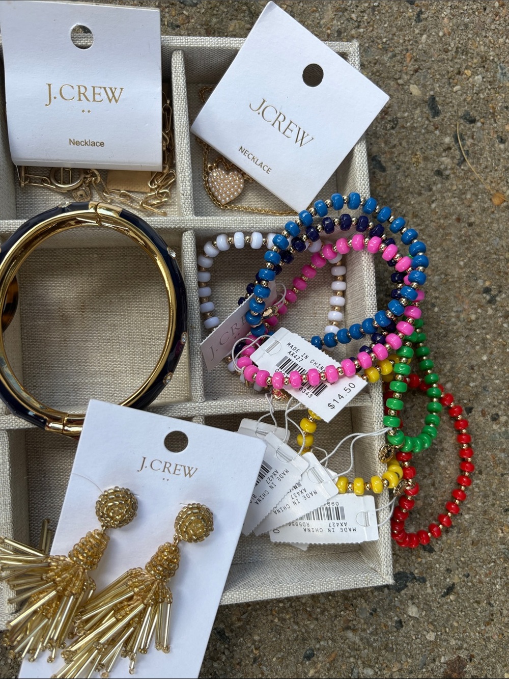 J. Crew Gold Tassel Earrings, Pearl Studs & Multicolor Beaded Bracelets Set - Picture 7 of 8